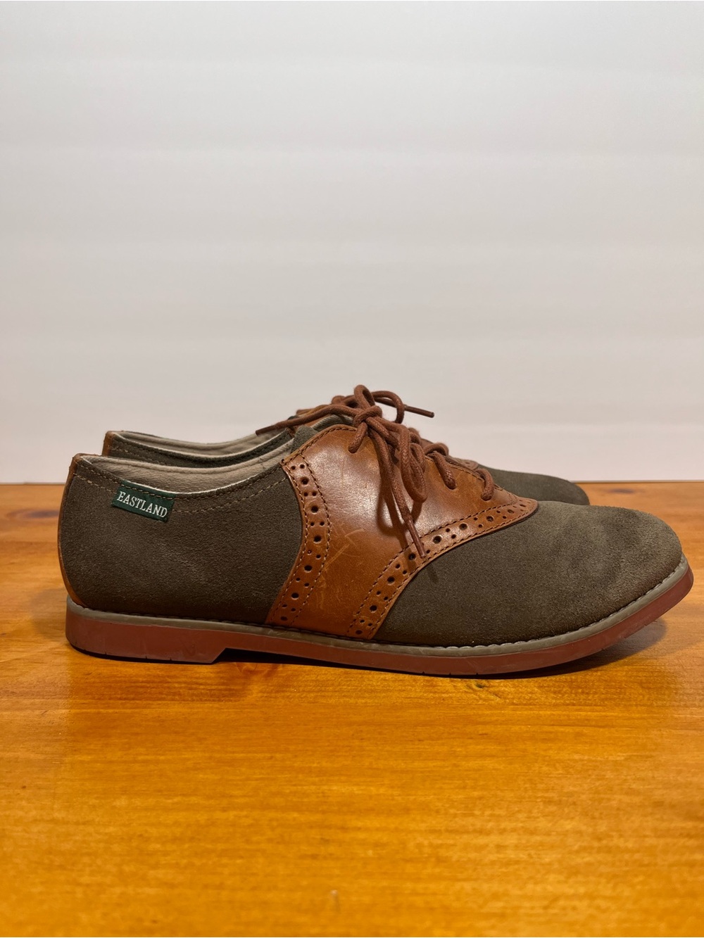 Eastland Sadie Olive Suede and Tan Leather Lace-Up Oxfords